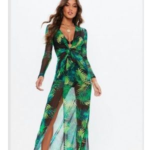 Tropical plunge thigh split sheer maxi